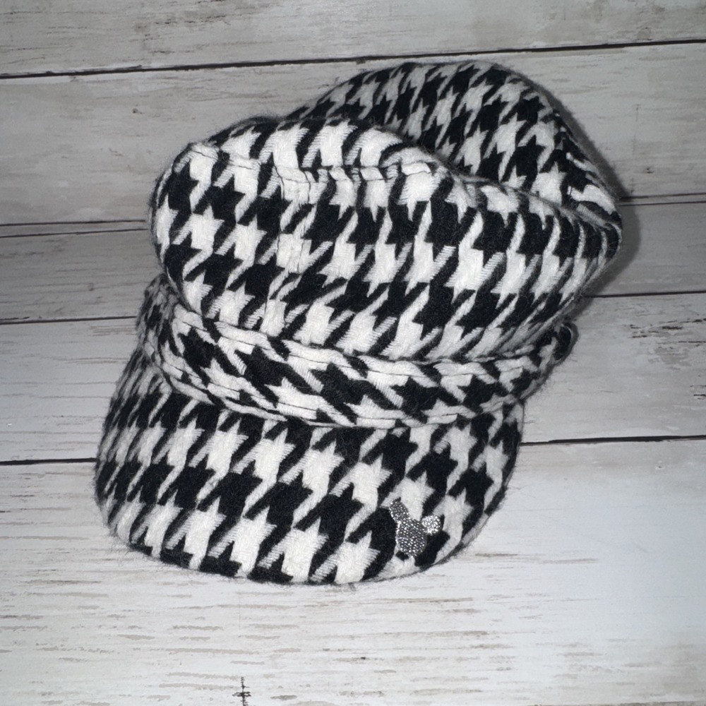 Disney Parks Hat Womens Adult White Black Houndstooth Newsboy Mickey Accent Cap - Picture 1 of 9
